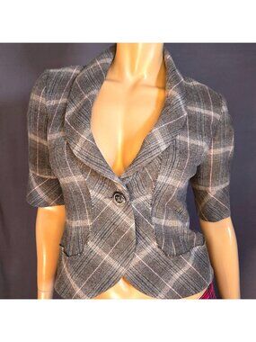 Y2K Plaid Fitted Blazer Size S Gray Pink Wool Blend Short Sleeve Preppy Corpcore